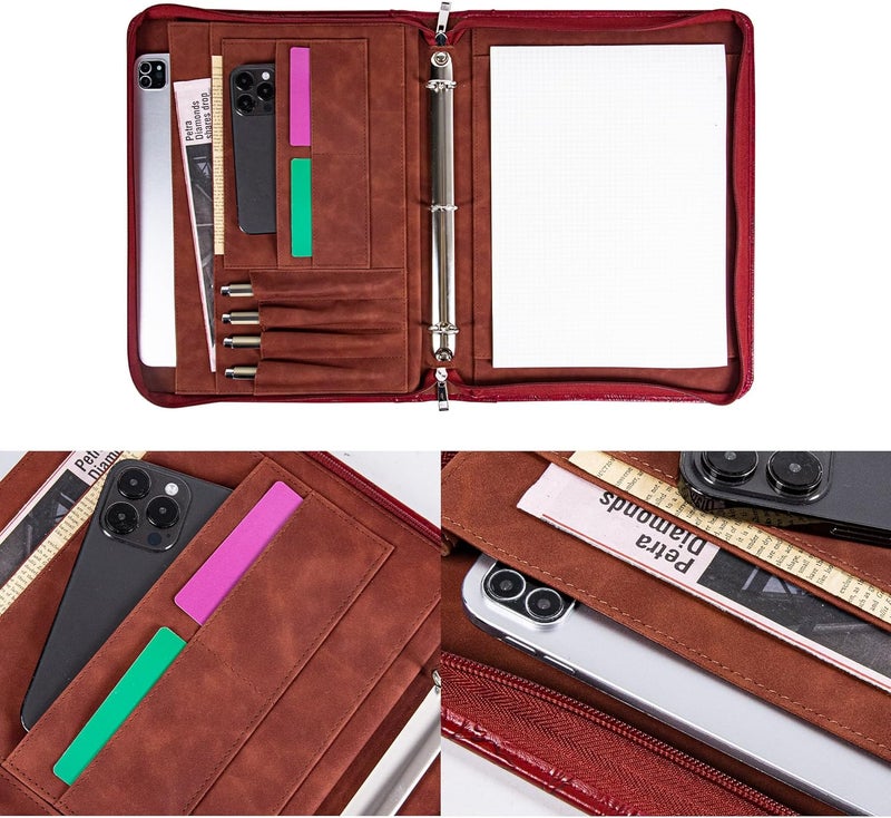 Wekinor Vintage Red Embossed Planner Binder,Padfolio for Women,Leather Binder 3 Ring,A4 PU Leather Portfolio,Legal Size Padfolio,Business Portfolio for Women - Image 3